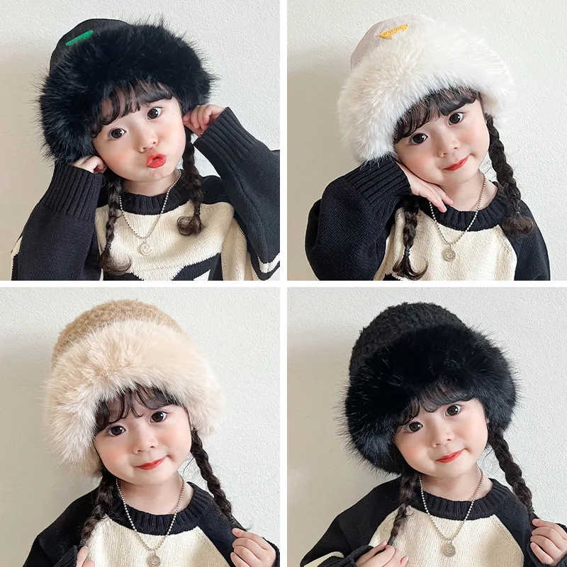 Winter Hat for Kid Boy Girl Ins Korean Fashion Plush Bucket Hat for Children Boy Girl Warm Thicken Hot Cap for 2-6 Year Kids