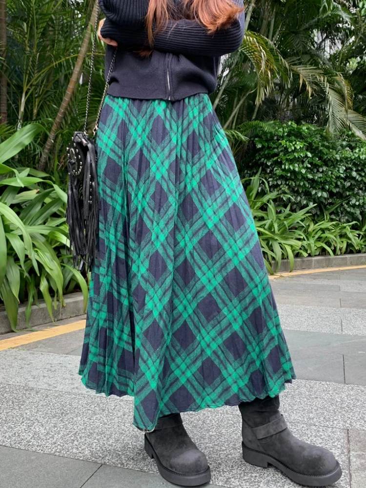 Осень-зима 2024 зеленая плиссированная юбка в складку Женская клетчатая