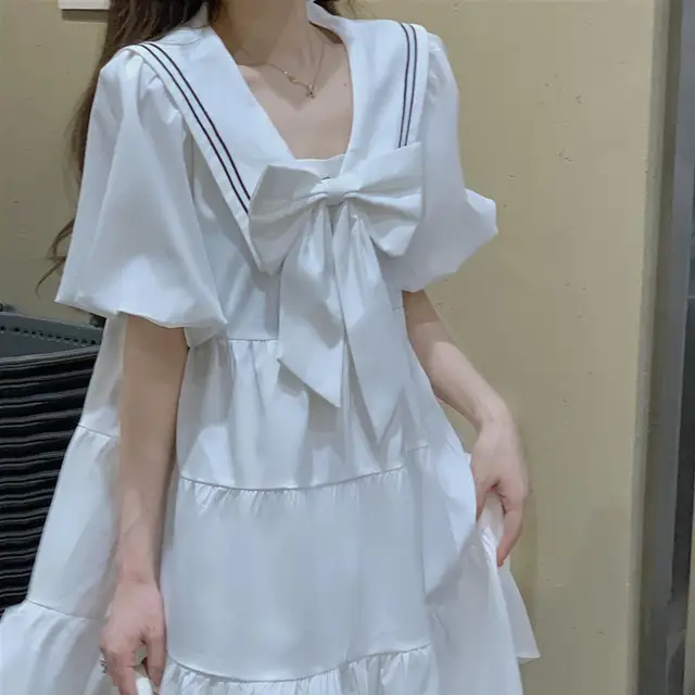 QWEEK Sweet Kawaii School White Dress Women Japanese Preppy Style Sailor  Collar Puff Sleeve Ruffles Dresses korean 2022 Summer | Женская одежда |  АлиЭкспресс