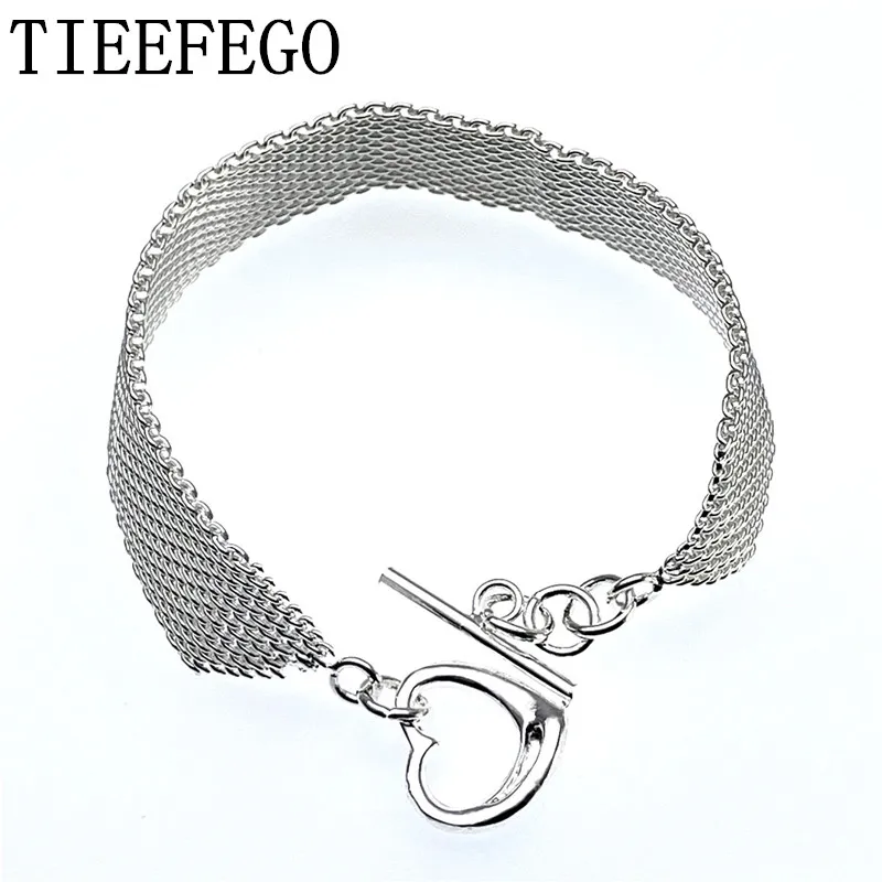 

TIEEFEGO New 925 Silver T-Heart Mesh Bracelet Ladies Fashion Charm Popular Wedding Party Accessories Valentine's Day Gifts