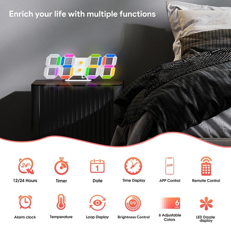 

3D LED Digital Wall Clock Rgb Clock Luminous Table Alarm Clock Time Date Table Clock With App Control For Home Bedroom