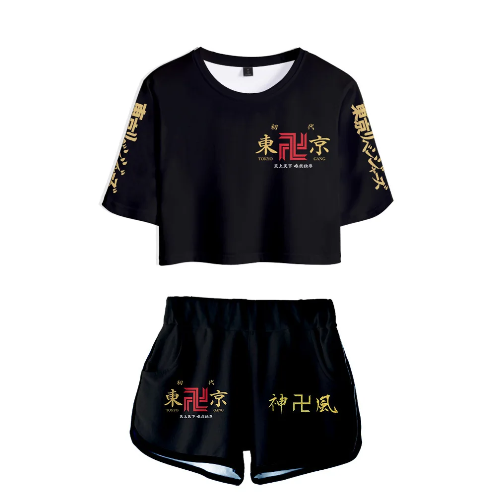 

Hip Hop Anime Tokyo Revengers 3D Print Short Sleeve Cool Sexy Shorts+lovely T-shirts Dew navel Pretty Girl suits Two Piece Set