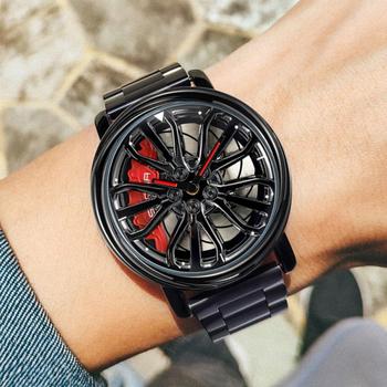 Men Fashion Hot Sell Car Rim Wristwatch 360 Degree Rotating Wheel Rim Dial Watches Stainless Steel Waterproof Sport Quartz Clock-36817