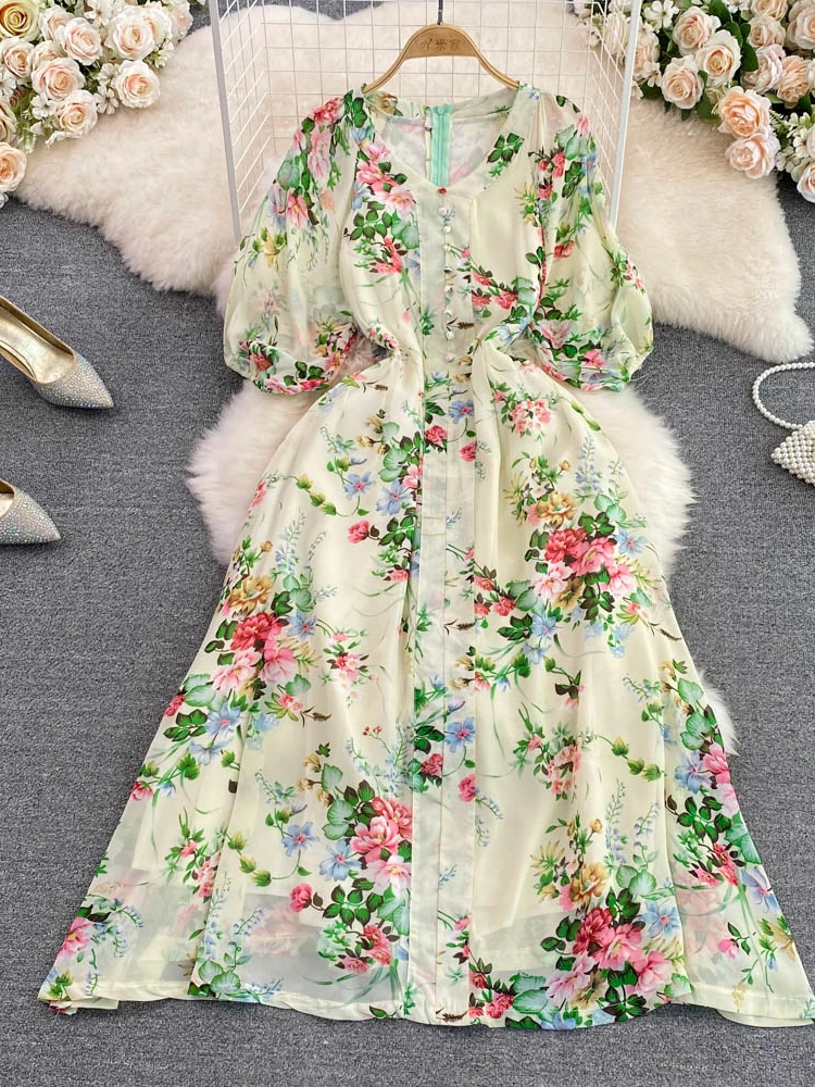 

Женское богемное платье миди с цветочным принтом, желтое/розовое/Черное шифоновое пляжное платье-трапеция для отпуска с V-образным вырезом ...