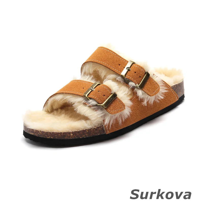 Women's Fashion Slippers Plush Cork Leisure Slippers Warm Short Plush Flat Bottom Word Half Slippers Comfortable Round Toe Solid
