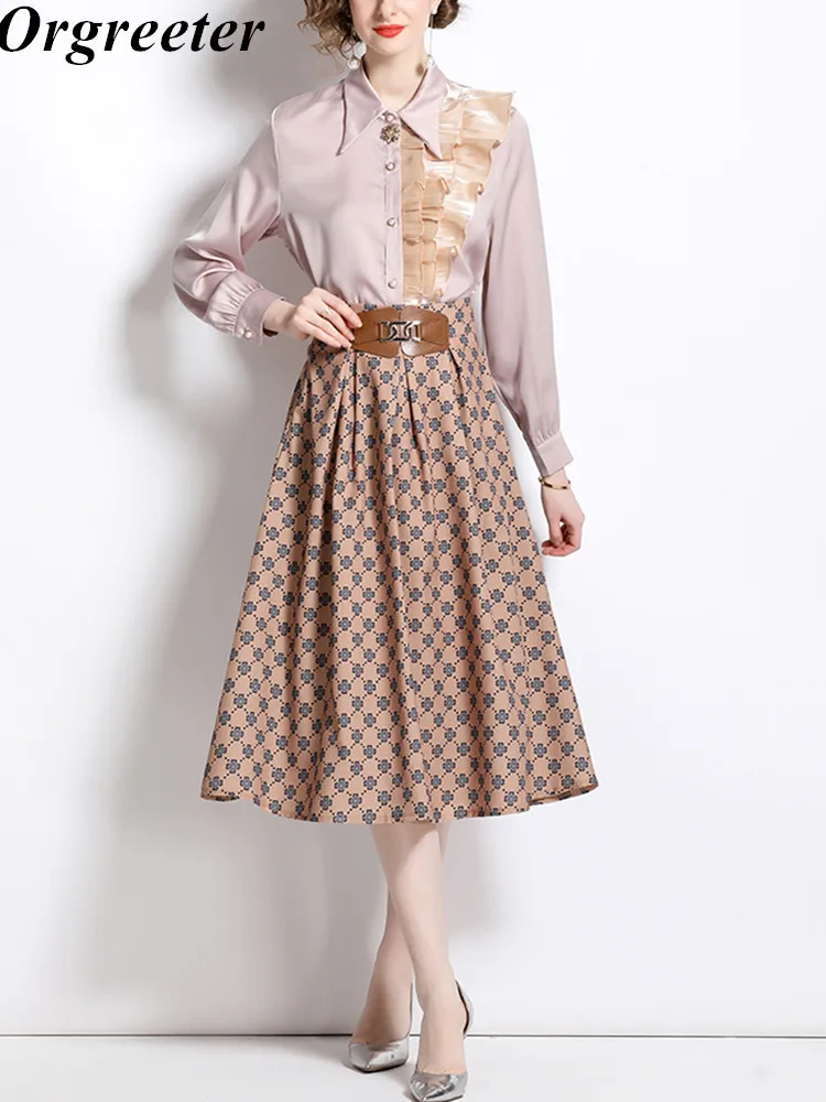 

Модный дизайнерский Женский комплект из двух предметов на весну и осень, Элегантная блузка с длинным рукавом и оборками и женская блузка с рисунком