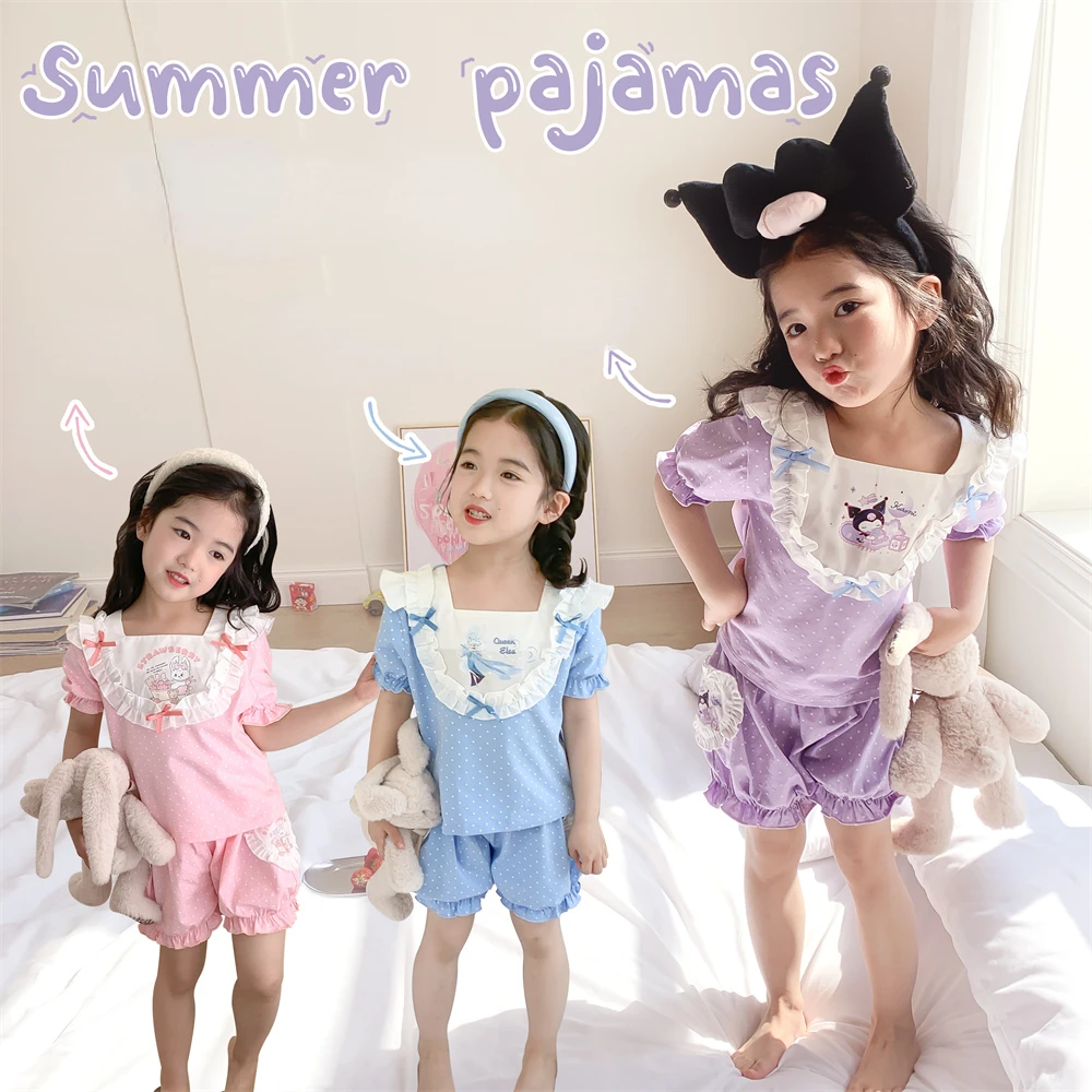 

Kawaii Sanrio Kuromi Children's Pajamas Cartoon Anime Baby Girl Summer Cotton Short Sleeve Shorts Sweet Princess Home Wear Set
