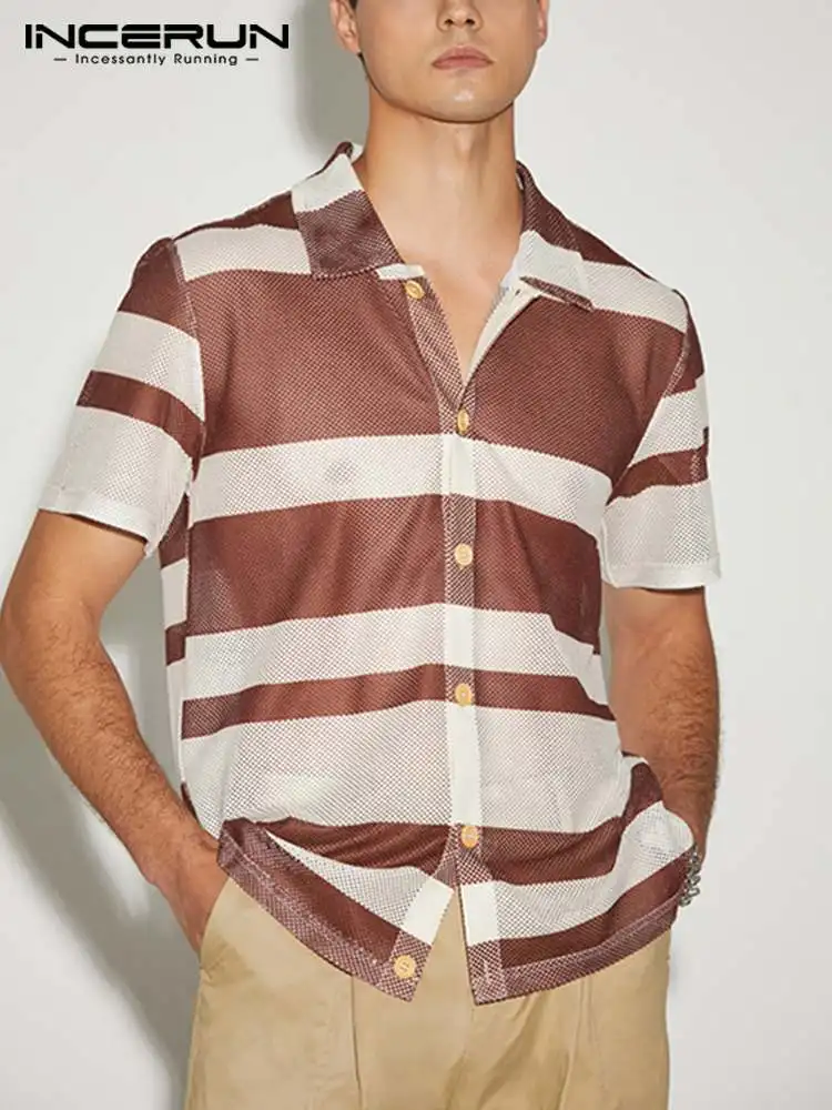 

Men Casual Shirt Striped Lapel Short Sleeve Button Streetwear See Through Leisure Camisas 2022 Summer Men Clothing S-5XL INCERUN