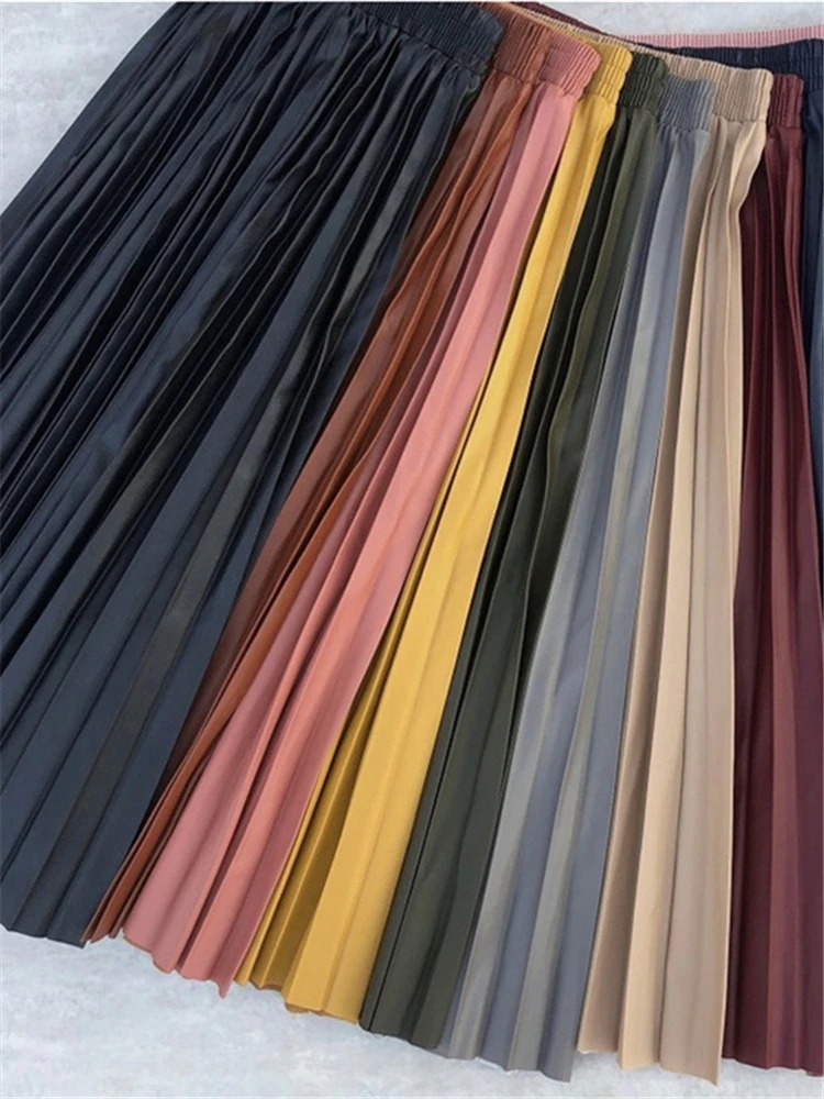 Женская плиссированная юбка из ПУ кожи с высокой талией