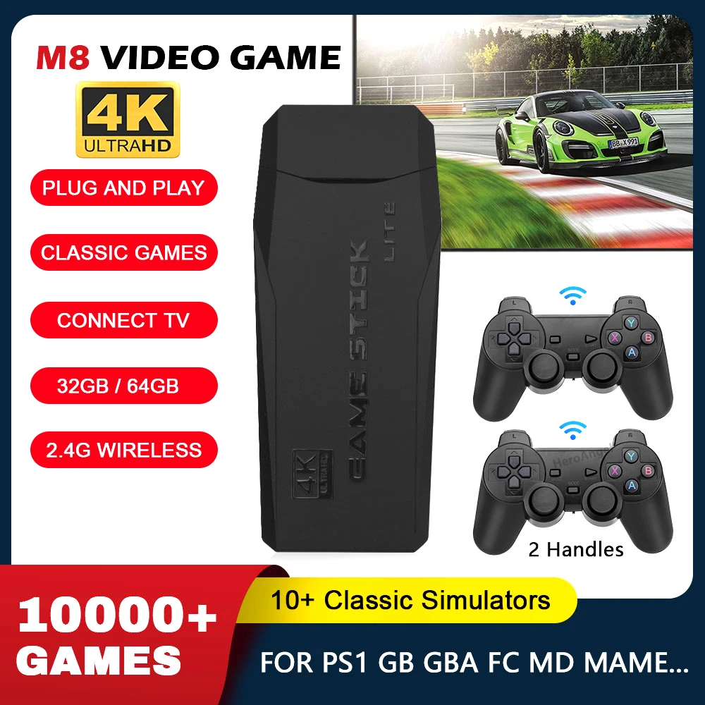 

Игровая консоль M8, 2,4G, двойной беспроводной контроллер, 4K, 64 ГБ, 10000 игр, 32 ГБ, 3500 ретро-игр для PS1/GBA