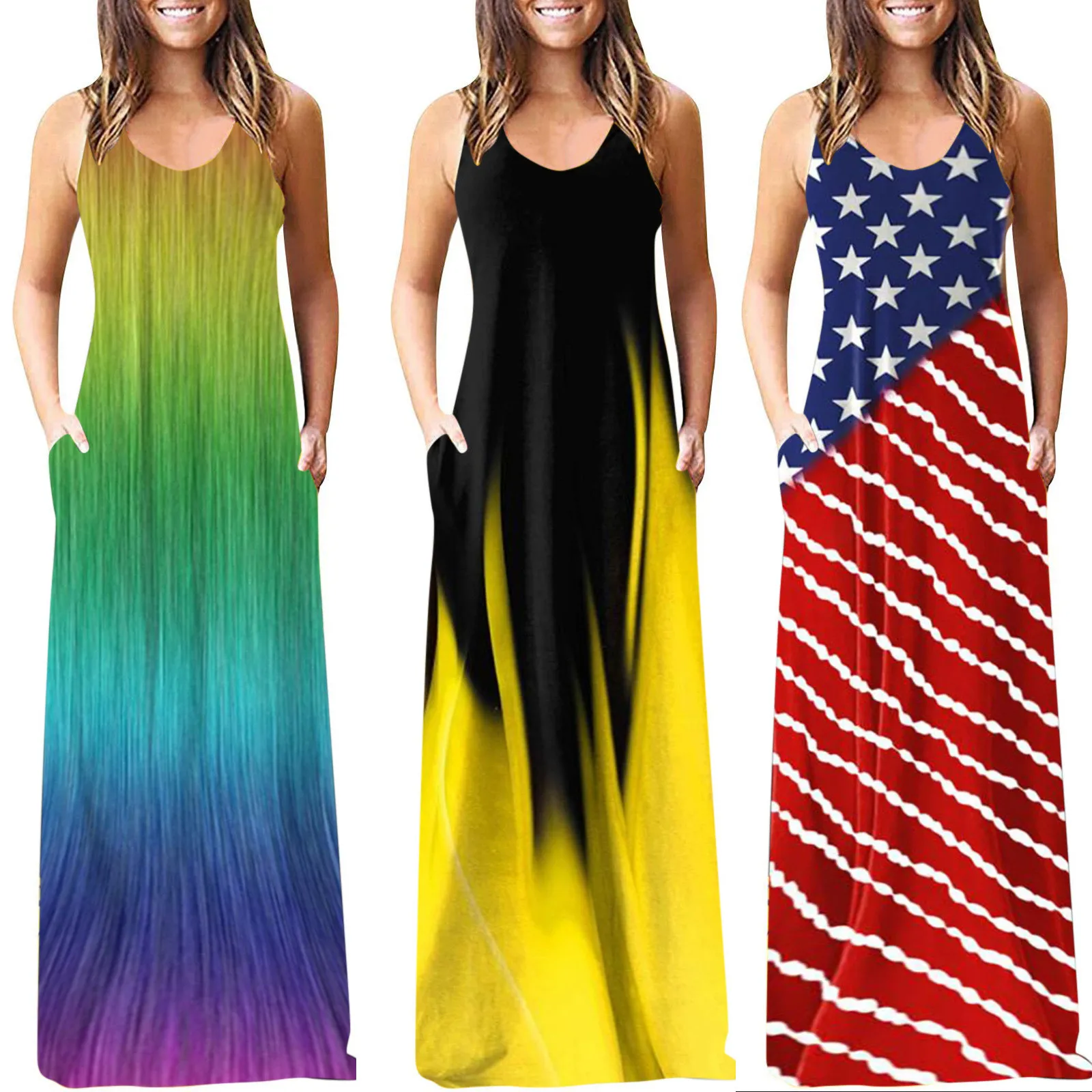 

Women Long Maxi Dress Casual Tie-dy Gradient O-Neck Pockets Sleeveless Maxi Long Dress Female Boho Beach Sundress Harajuku Party