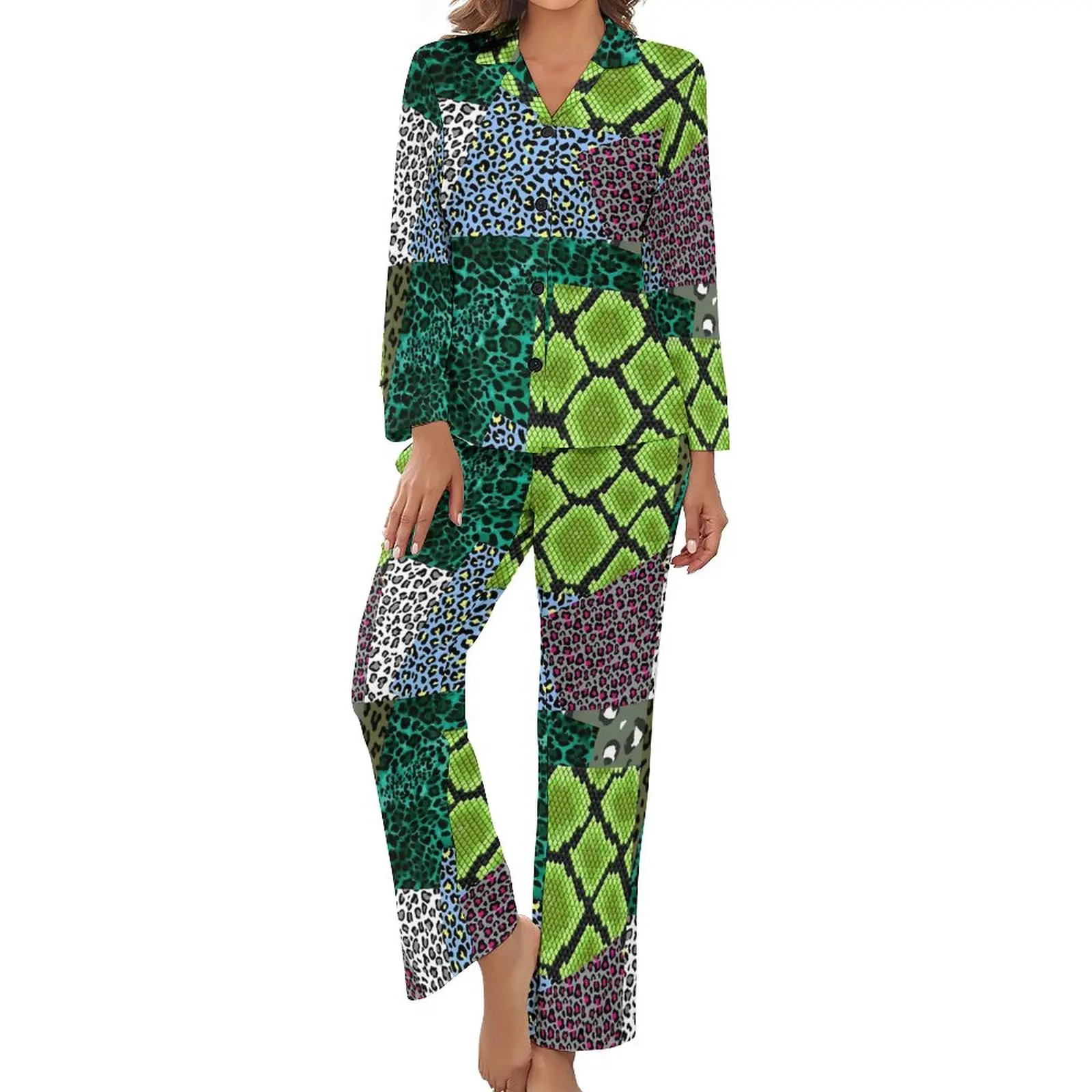 

Пижама женская в стиле ретро, милая одежда для сна с принтом животных, с длинным рукавом, комплект из двух предметов с графическим принтом и V-образным вырезом, на весну