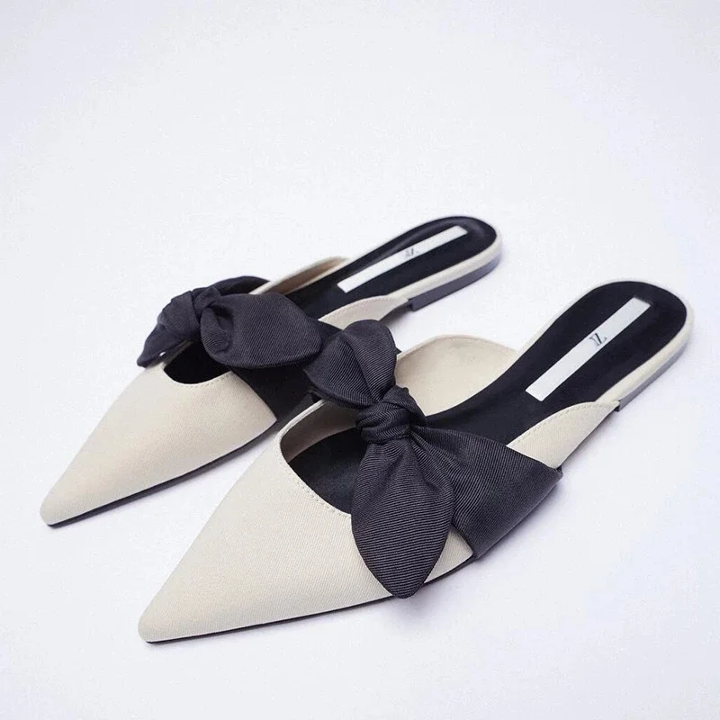 

Woman Flat Shoes Spring Summer 2022 Pointed Sexy Bow Casual Plus Size 41 Beige Lazy Sandals And Slippers Women Zapatillas Mujer