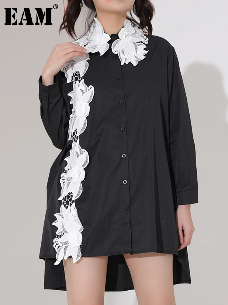 

[EAM] Women Black Floral Decoration Long Big Size Blouse New Lapel Long Sleeve Loose Shirt Fashion Spring Autumn 2022 1DD481001