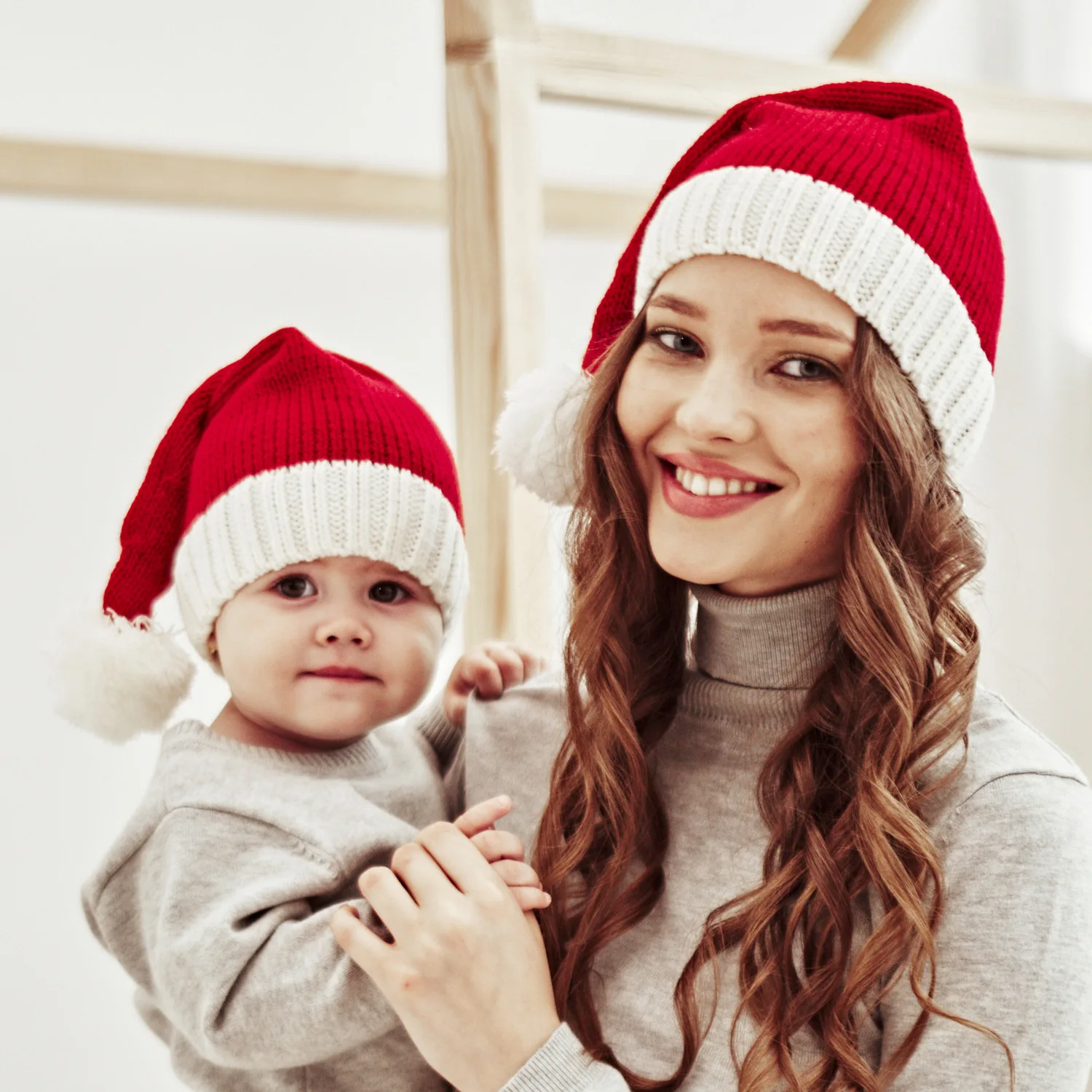 

New Release Christmas Warm Hat Winter Mom Baby Knitted Hat with Pom Poms Warm Messy Bun Beanie Crochet Headgear Cap