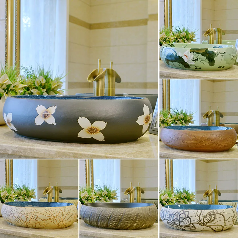 

Vintage countertop basin art wash basin oval toilet washbasin ceramic washbasin antique faucet set