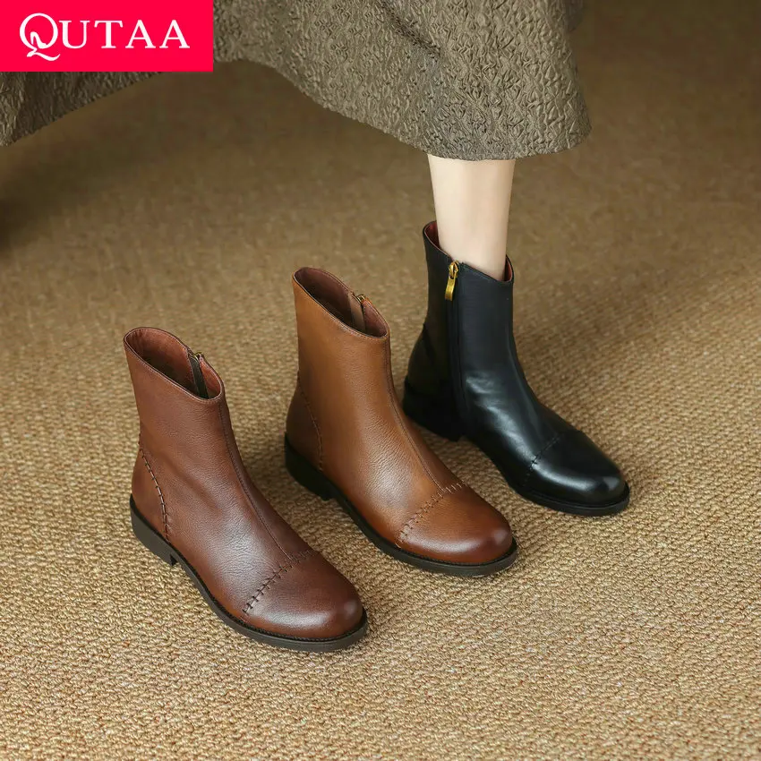 

QUTAA/Коллекция 2024 года; Винтажные женские ботильоны; Офисная Женская рабочая обувь из натуральной кожи; Сезон осень-зима; Квадратный высокий каблук; Размеры 34-39