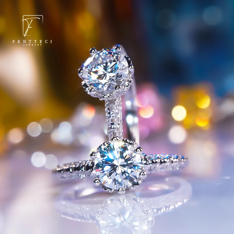 FENTTECI Luxury S925 Sterling Silver Platinum Plated Ring Flower Ring Moissanite Diamond Ring for Women Engagement Wedding Bands