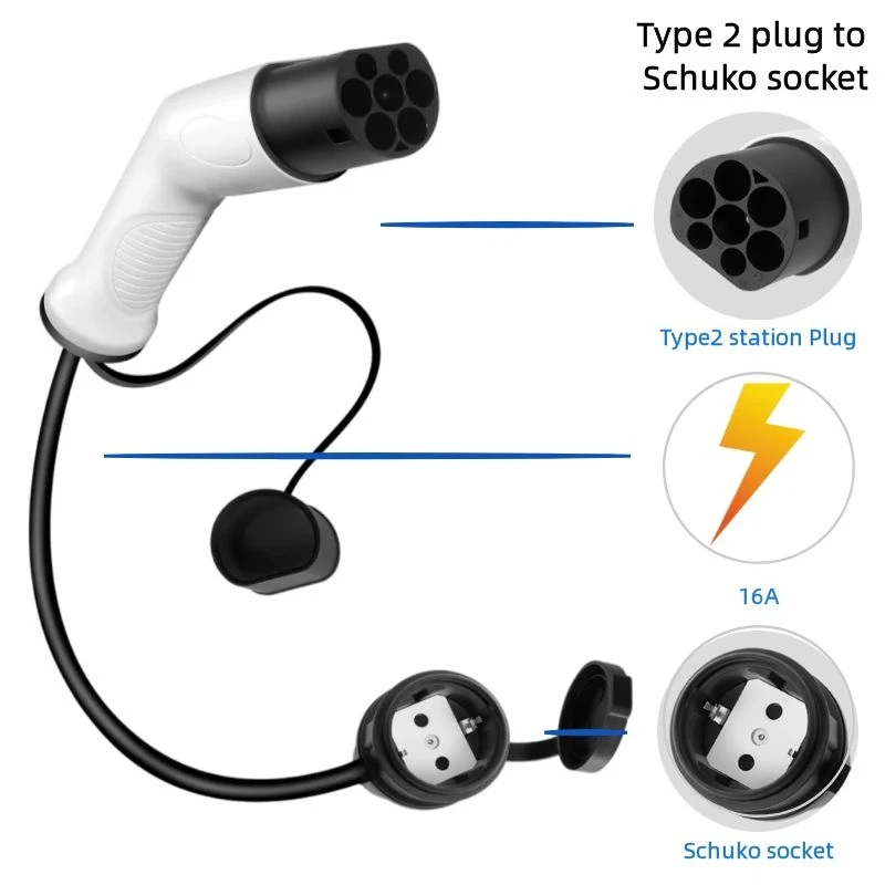 

EV Charger Type 2 to Schuko Socket EV Plug Convertor Connector 16A 1Phase 0.5 Meters Cable for EVSE Chagring Adapter With Schuko