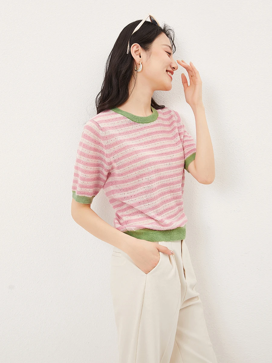 

Sweet Hollow Out Knit Crop Top Short Sleeve 2023 Summer Sweater Mujer O-Neck Thin Korean Fashion Tops New