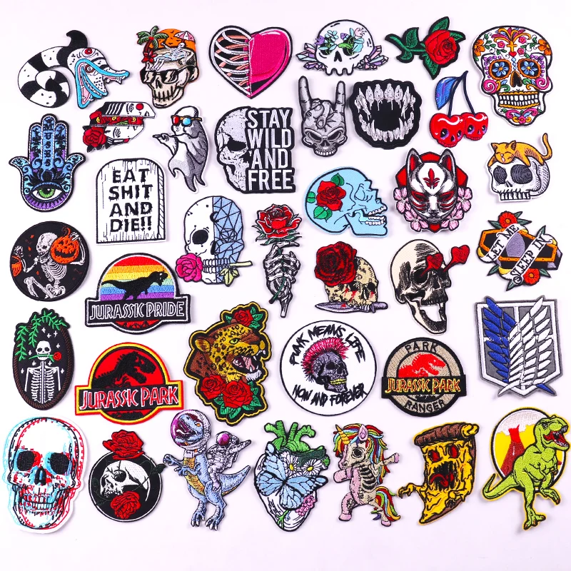 

Rose Flower Skull Patch Dinosaur Embroidered Patches On Clothes Stripe Hippie Rock Iron On Patches For Clothing Stickers Badge