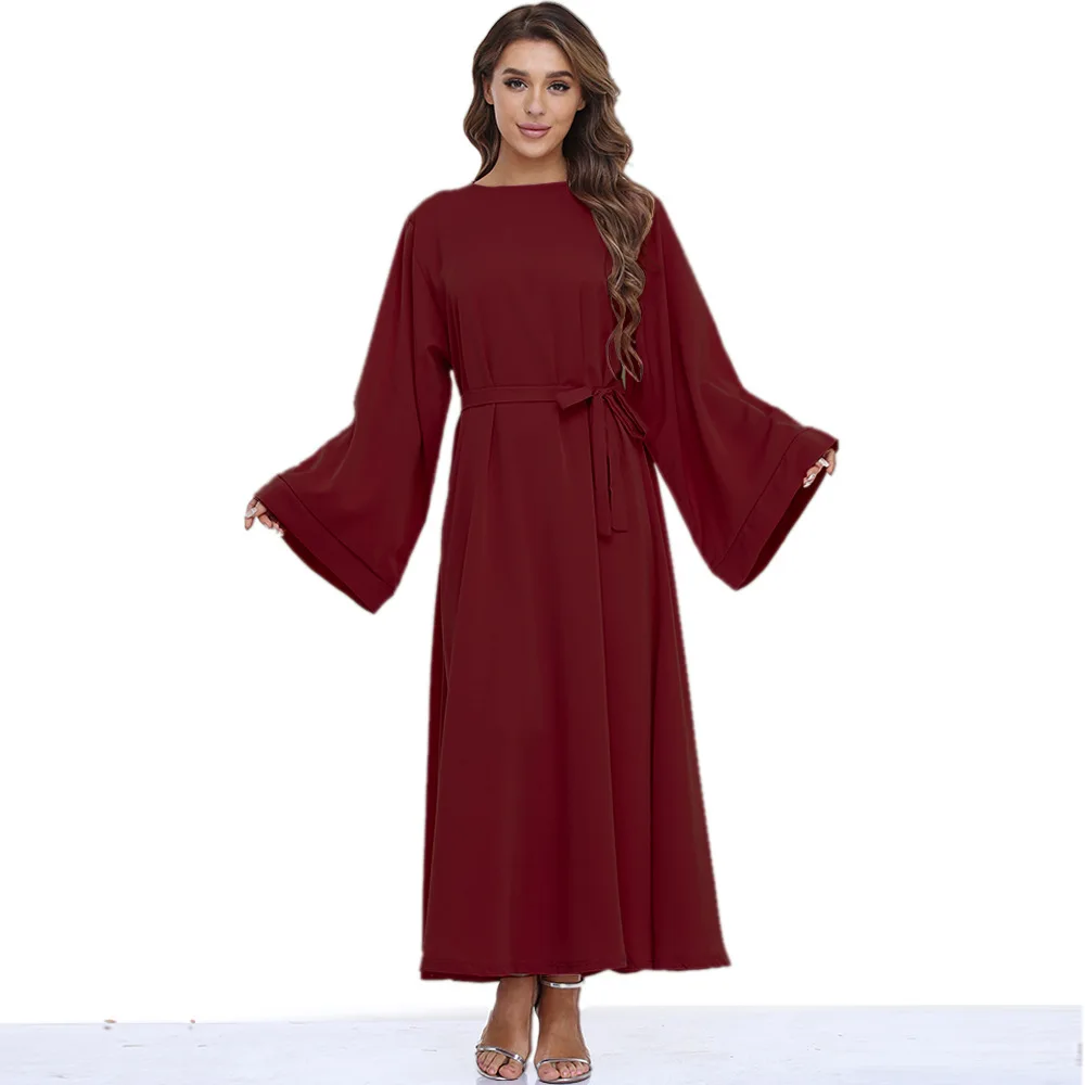 Wepbel Muslim Dress Abaya Women Long Sleeve with Belt Arab Abaya Robe Caftan Clothes Worship Service Djellaba Islamic Clothing