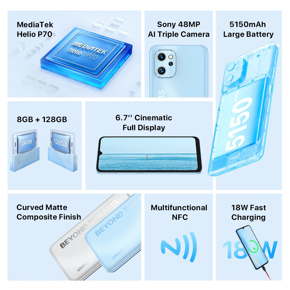 Unlocked UMIDIGI F3 Phone Android 11 Smartphone Helio P70  8GB 128GB  6.7