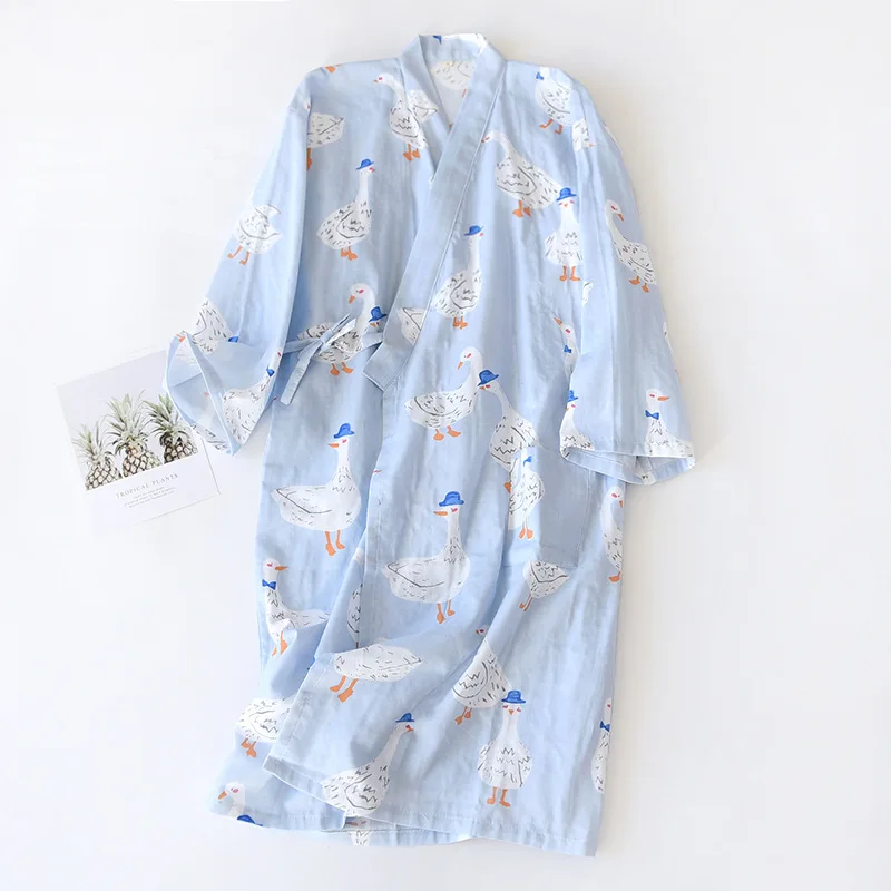Japanese kimono spring and autumn new ladies night gown 100% cotton gauze robe pajamas flower love bathrobe mid-length home gown