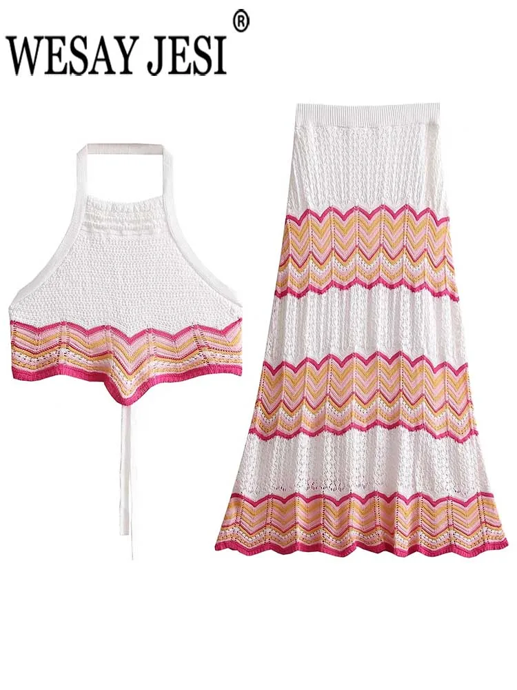 

WESAY JESI Women's Elegant Slim Sexy Mid-length Skirt Two Piece Set Halter Neck Open Back Vest Tie Bow Top + Knitted Long Skirt
