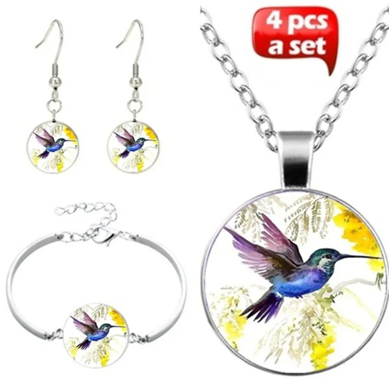 

LE Hummingbird Glass Cabochon Pendant Necklace Bracelet Bangle Earrings Jewelry Set 4Pcs Women Friendship Gift
