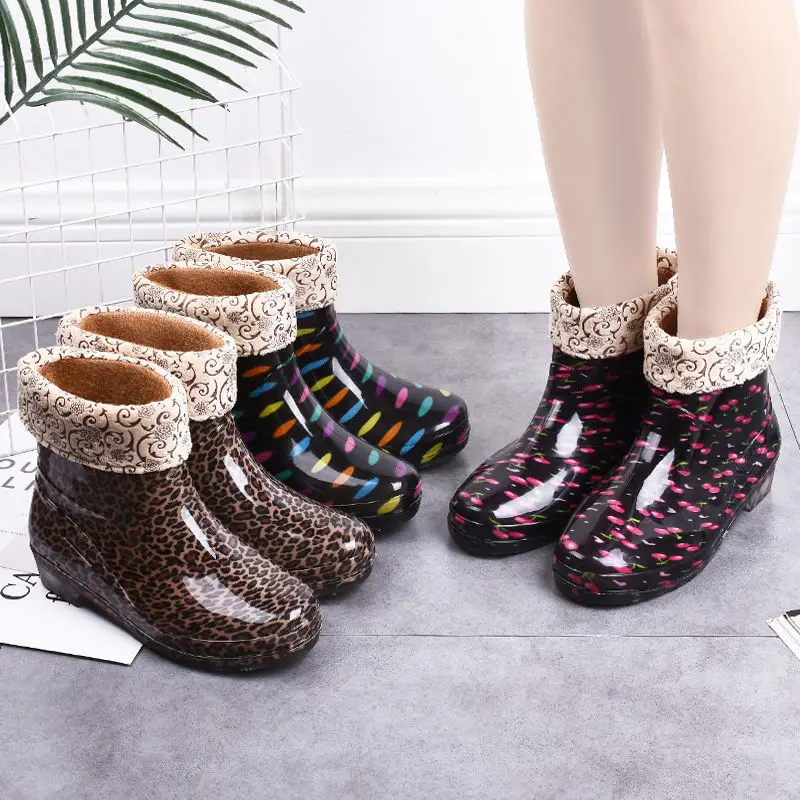 Feerldi Purple Women Waterproof boots Low Heels Colorful Polka Dot Rain for women Plush Warm Water Shoes