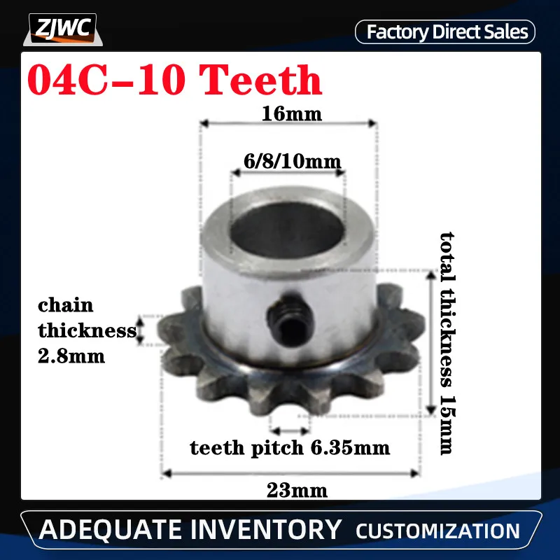 

1pc 04C sprocket 10Teeth inner hole 6/8/10mm 25H 45# steel sprocket 04C table wheel finished hole sprocket screw hole M5