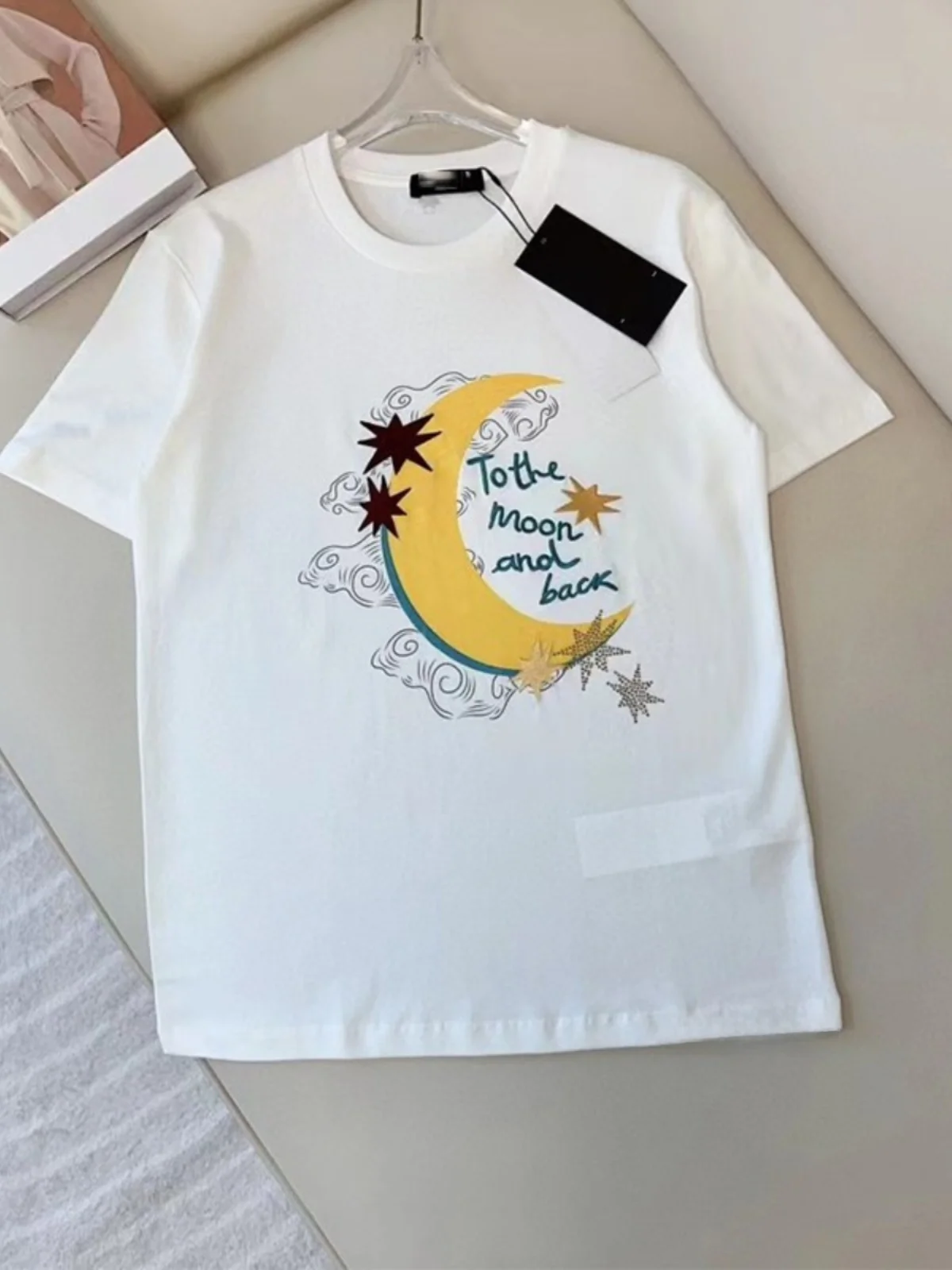 Alcohol! Original M Age-Reducing Western Sle Moon Print XINGX Diamond round Neck Short-sleeved Shirt Heavy Industry Letter ... |