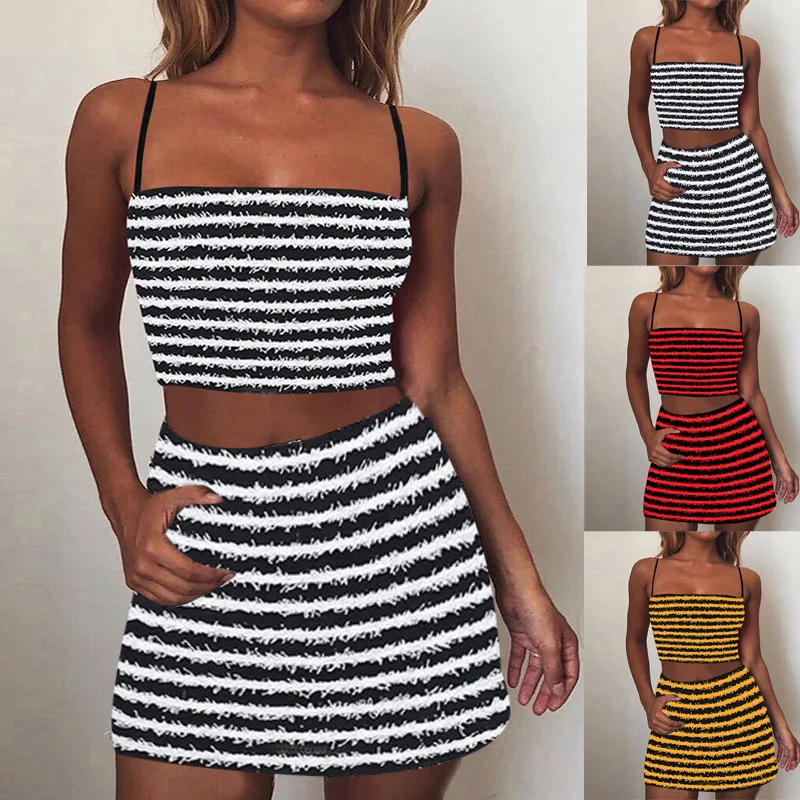 

Women's Summer Texture Striped Suspender Dress Women's Sexy Jacquard Shoulder Strap Sleeveless Street Style 2-piece Vestidos