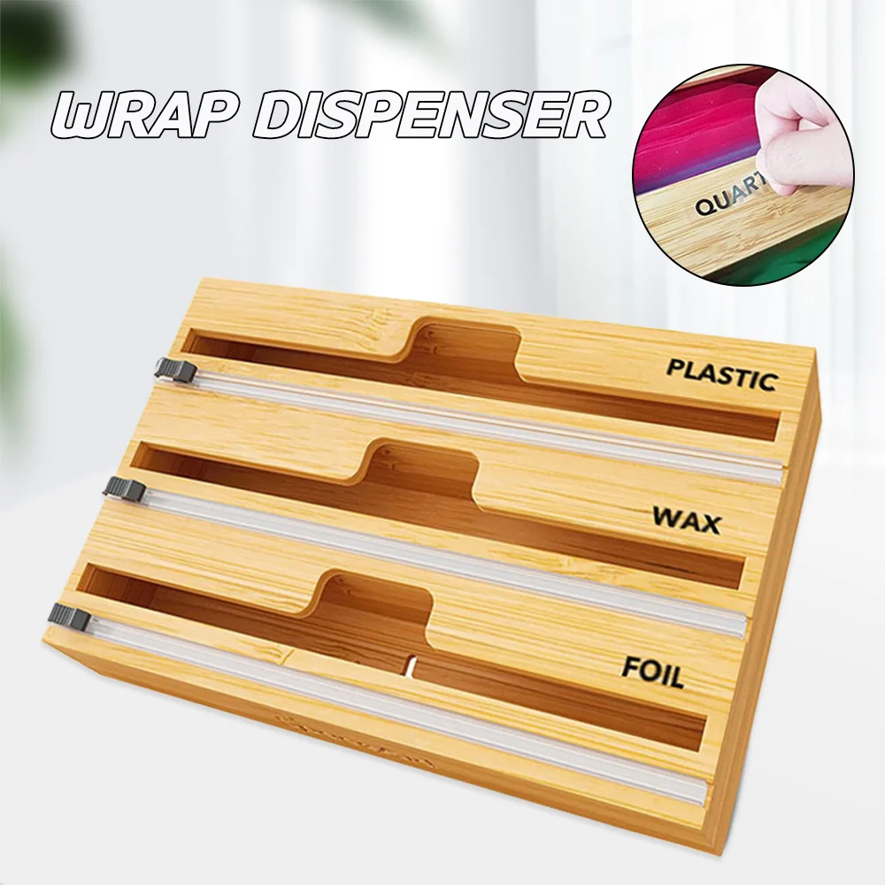 2/3 Layers Bamboo Wood Wrap Dispenser Storage Box Aluminum Foil/Wax Paper Dispensers With Cutter Kitchen Tool Accessories