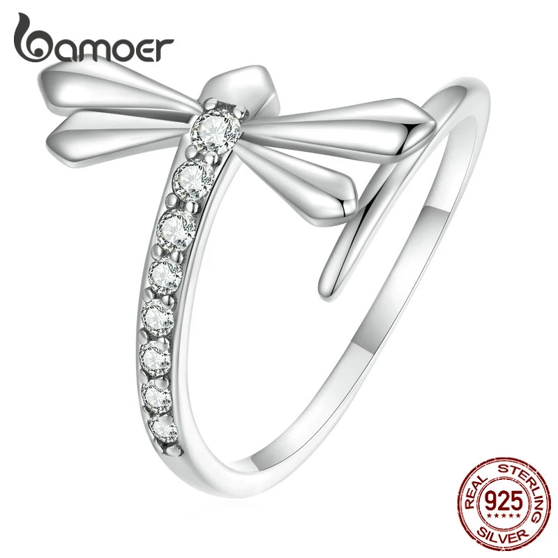 

Bamoer 925 Sterling Silver Dragonfly Opening Ring Insect Adjustable Ring Pave Setting CZ for Women Fashion Fine Jewelry SCR881