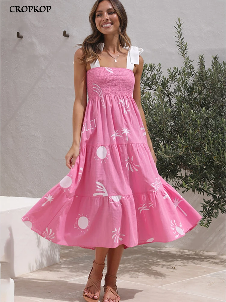 

Elegant Midi Dress Women Summer Casual Pink Backless Ruffle Big Hem Beach Dress Fashion Sleeveless Bandage New In Dresses 2023
