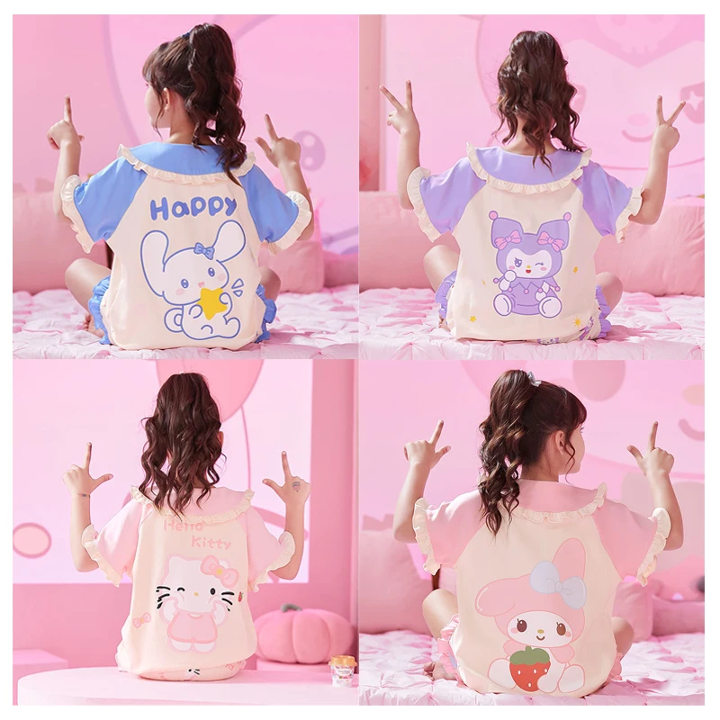 

Sanrioed Kawaii Cartoon Children's Pajamas My Melody Kuromi Hello Kittys Cinnamoroll Cute Cotton Short-Sleeved Shorts Set