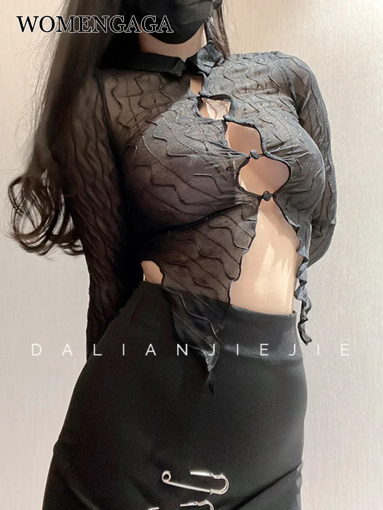 

WOMENGAGA Transparent Thin Top Women Summer Retro Sexy Short Long Sleeve Button Striped Waves Shirt Hot Sexy Blouse Korean KX8R