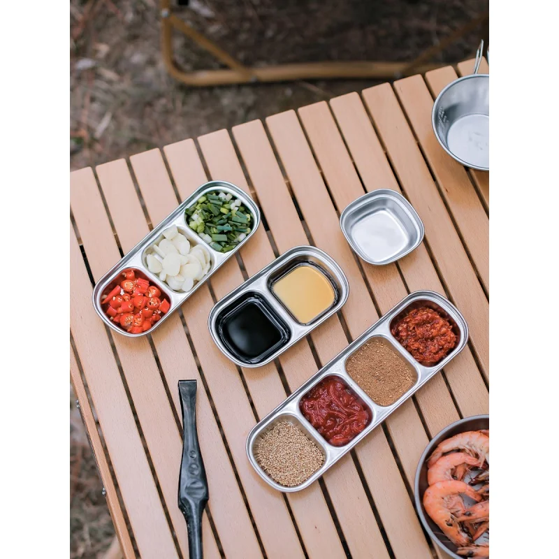 

Outdoor 304 Stainless Steel Seasoning Plate Grid Sauce Dish Sauce Dipping Bowl Two Grid Three Grid Plate Vinegar Dish Camping Ta