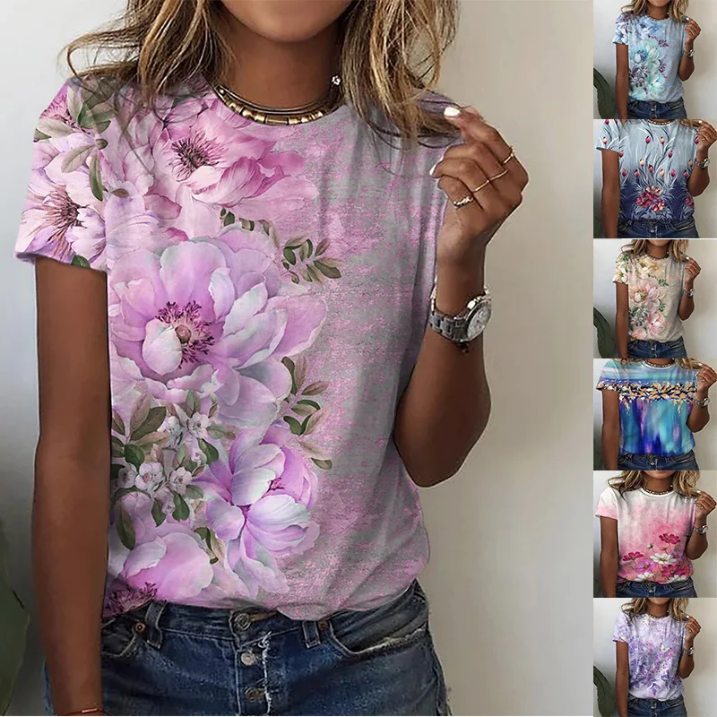 

Женская футболка с круглым вырезом, Повседневная футболка с цветочным 3D принтом, лето 2022