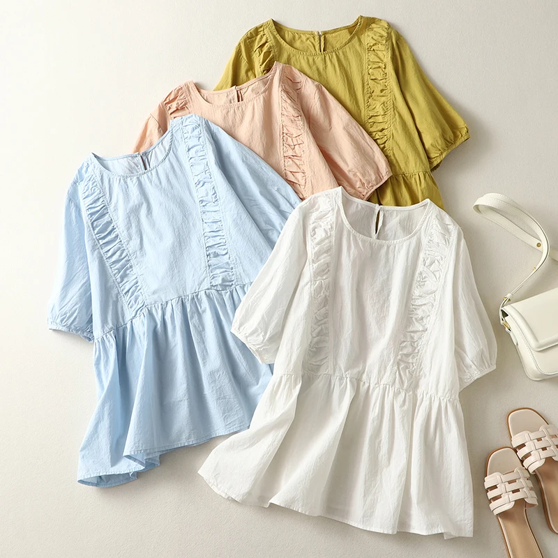 

Fashion O-Neck Short Sleeved 2023 Summer New Solid Color Elegant Thin Cotton Linen Blouse Basice Women Shirts X7787