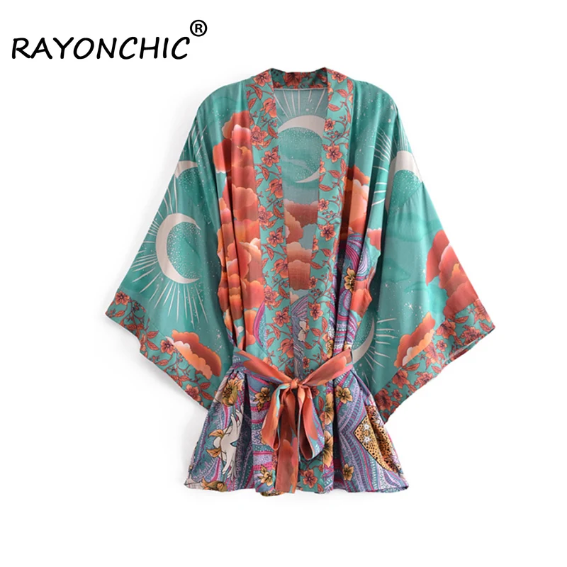 

RAYONCHIC Moon короткие халаты из искусственного шелка с принтом Ups для купания Женская пляжная одежда Blusas Mujer пояс Бохо купальный костюм для женщи...