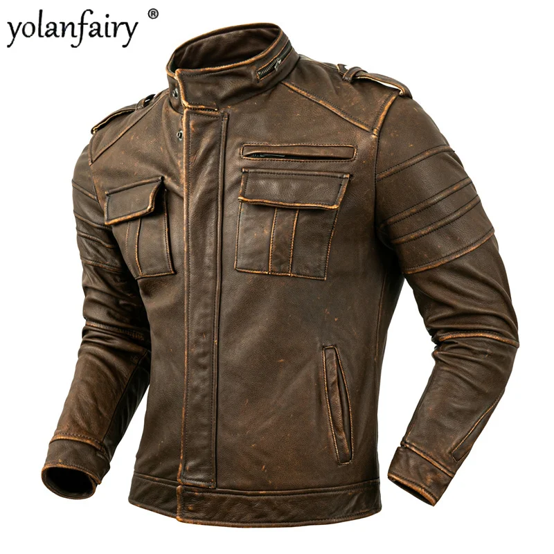 

Мужская короткая мотоциклетная куртка из натуральной воловьей кожи, Lq439