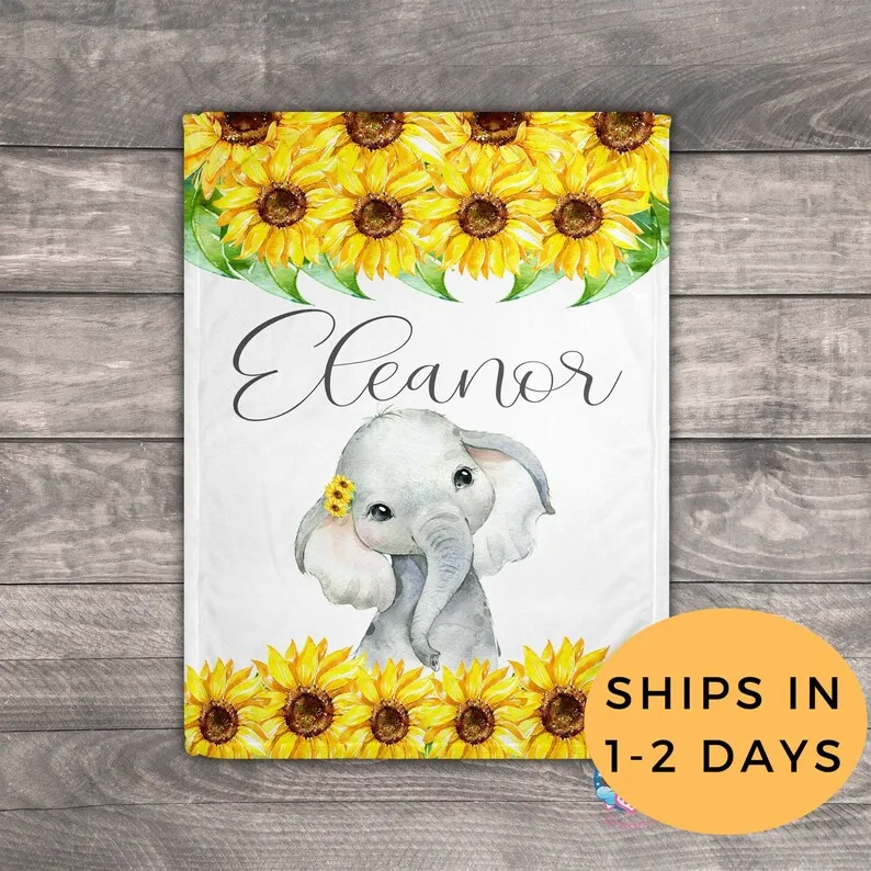 

Baby Girl Elephant, Personalized Baby Blanket Girl, Elephant Nursery Decor, Custom Baby Blanket, Receiving Blanket,Elephant Sunf