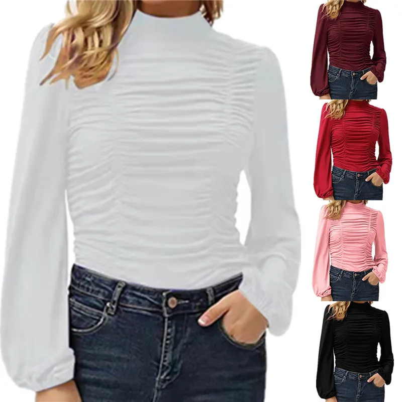 

Elegant Turtleneck Office Ladies Silk Shirts Spring And Summer Design Pleated Solid Blouses Women Lantern Sleeve Pullover Tops