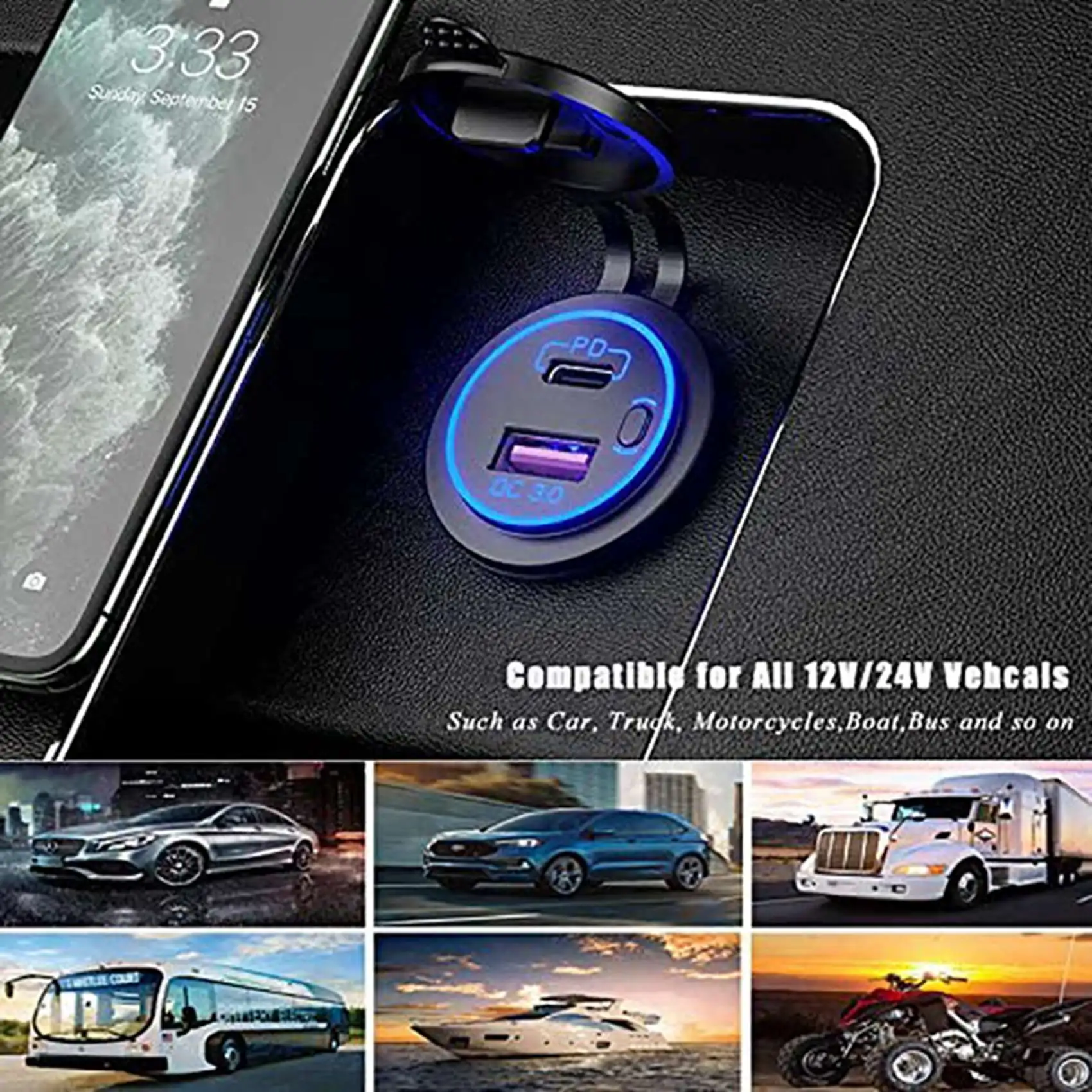 Автомобильная розетка 12В с двумя портами USB Type-C PD и быстрой зарядкой QC 3.0, с выключателем, для мотоциклов, автофургонов и квадроциклов (art.: 3920dabe246f0) - 3920dabe246f0