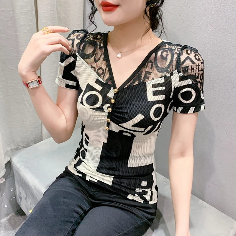 

New 2023 Summer Short Sleeved Women's T-Shirt Fashion Sexy V-Neck Hollow Out Print Mesh Tops M-3XL Blusas