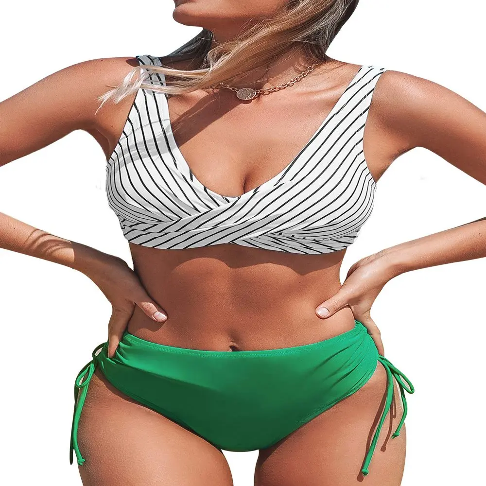 

Женский раздельный купальник-бикини в полоску, со шнуровкой