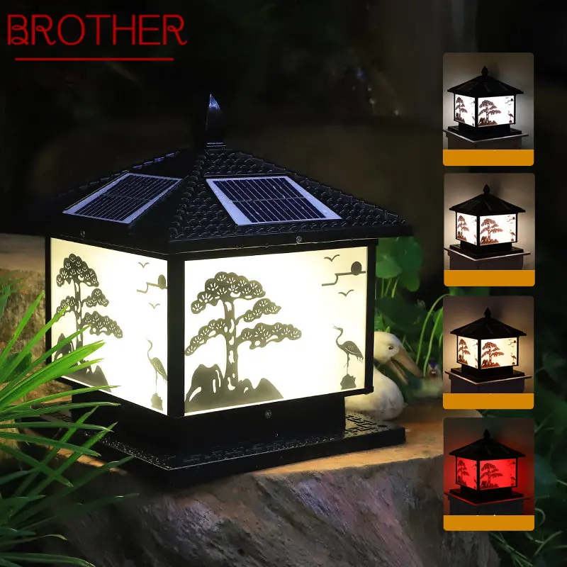 

BROTHER Solar Post Lamp Outdoor Vintage Pine Crane Decor Pillar Light LED Waterproof IP65 for Home Courtyard Porch